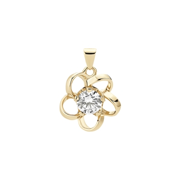 Gold flower pendant with central zirconia stone and top loop for chain attachment.